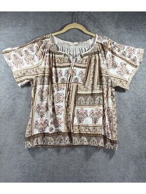 Lucky Brand Women's XL Blouse Floral Print Boho Peasant Flutter Sleeve